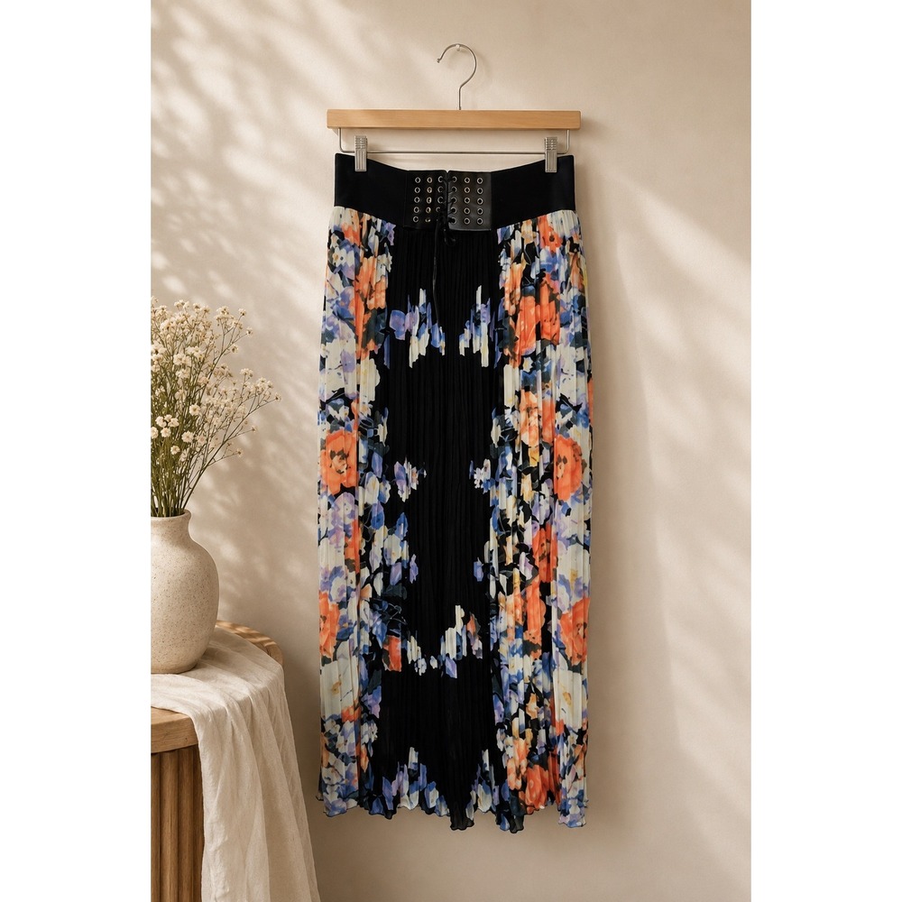 Floral Pleated Midi‎ Skirt XL Black Corset Waist Boho Witchy Romantic Goth XL
